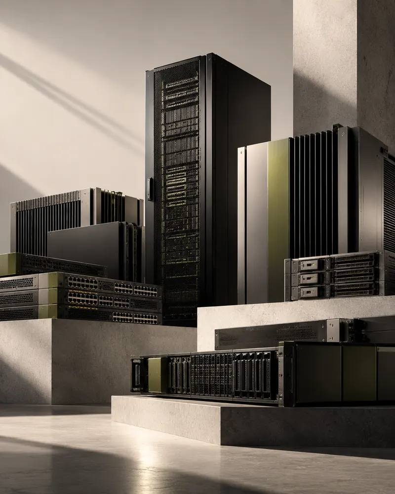 Racks, switches y servidores empresariales sobre plataformas de concreto bajo luz natural