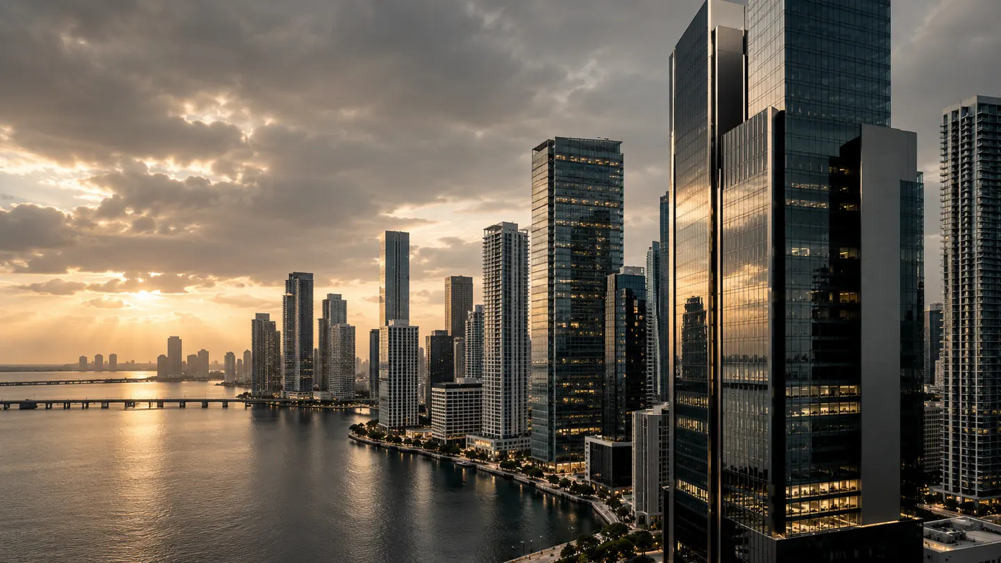 Torres de oficinas de Downtown Miami y Brickell frente a la bahía al atardecer